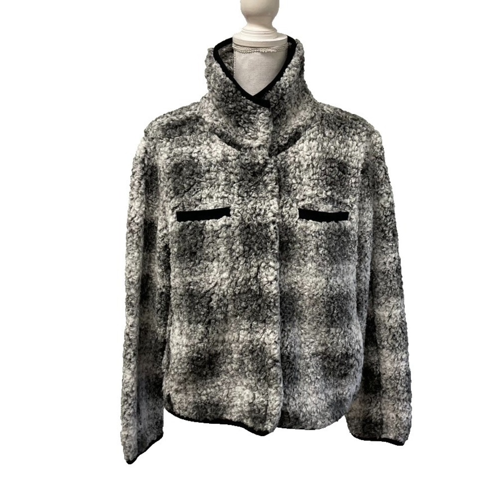 Dylan Sherpa Button Up Jacket Womens Large Gray Plaid Cozy Comfort Casual